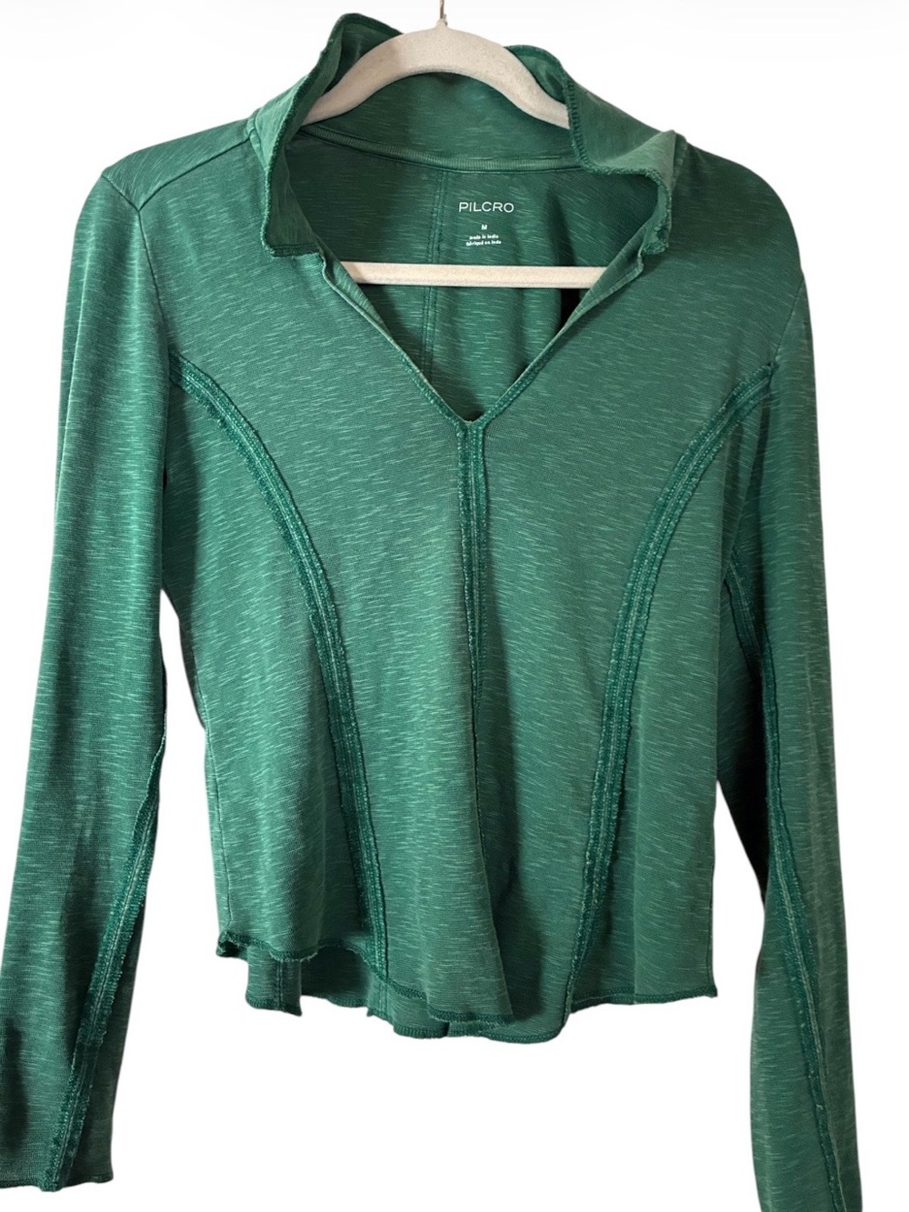 Pilcro by Anthropologie Green Long Sleeve Collared V Neck Festival Hem Top Sz M
